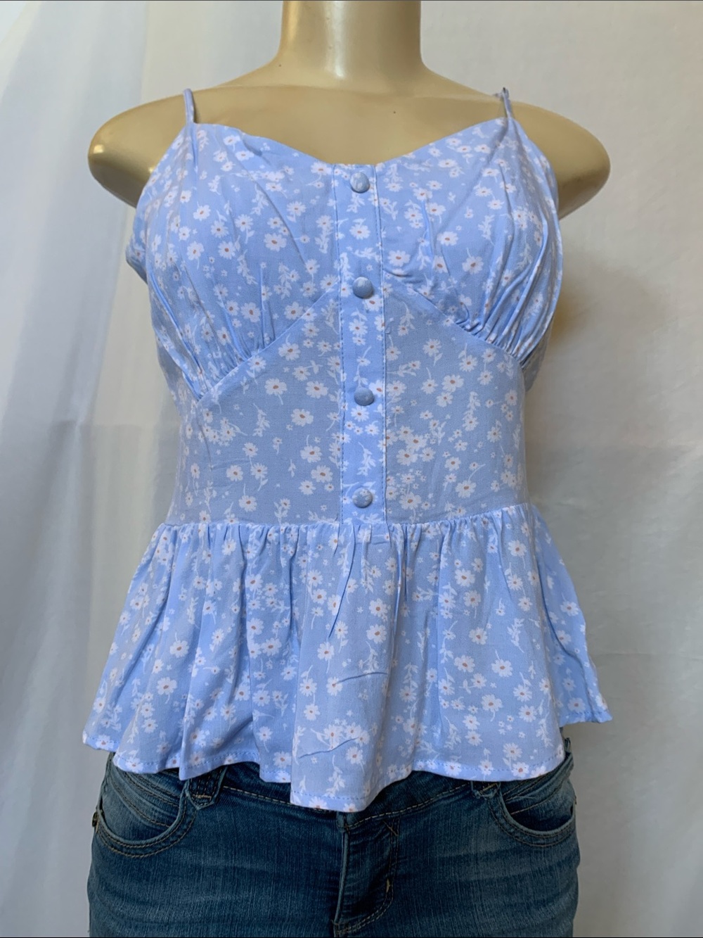 CHOCOLATE USA Light Blue Floral Peplum Cami Top Size Medium NWOT